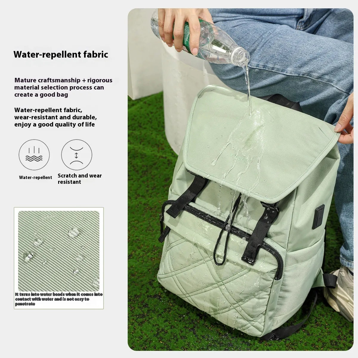 Light green schoolgirl travel backpack showing laptop compartment and organisational pockets