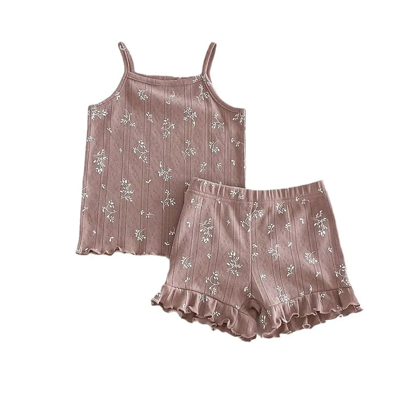 Girls' Camisole Shorts Two-piece Set Breathable Home Clothing Cotton Summer Casual Pyjama Set for Kids Ages 2-6 Years Pink Floret Beige Small Flower Moon Blue Rabbit Multiple Sizes 90-140cm