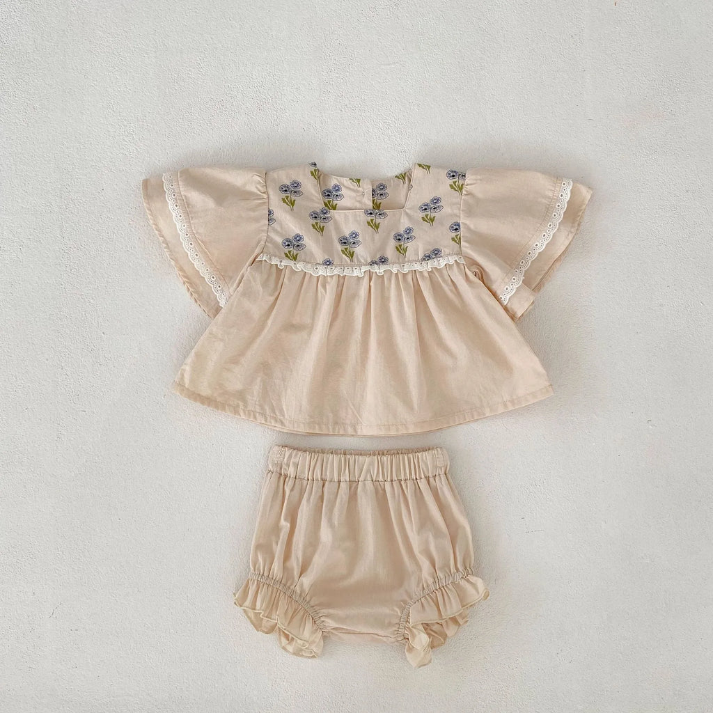 Apricot floral cotton two-piece suit for baby girls with horn puff short sleeves and square collar