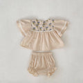 Apricot floral cotton two-piece suit for baby girls with horn puff short sleeves and square collar