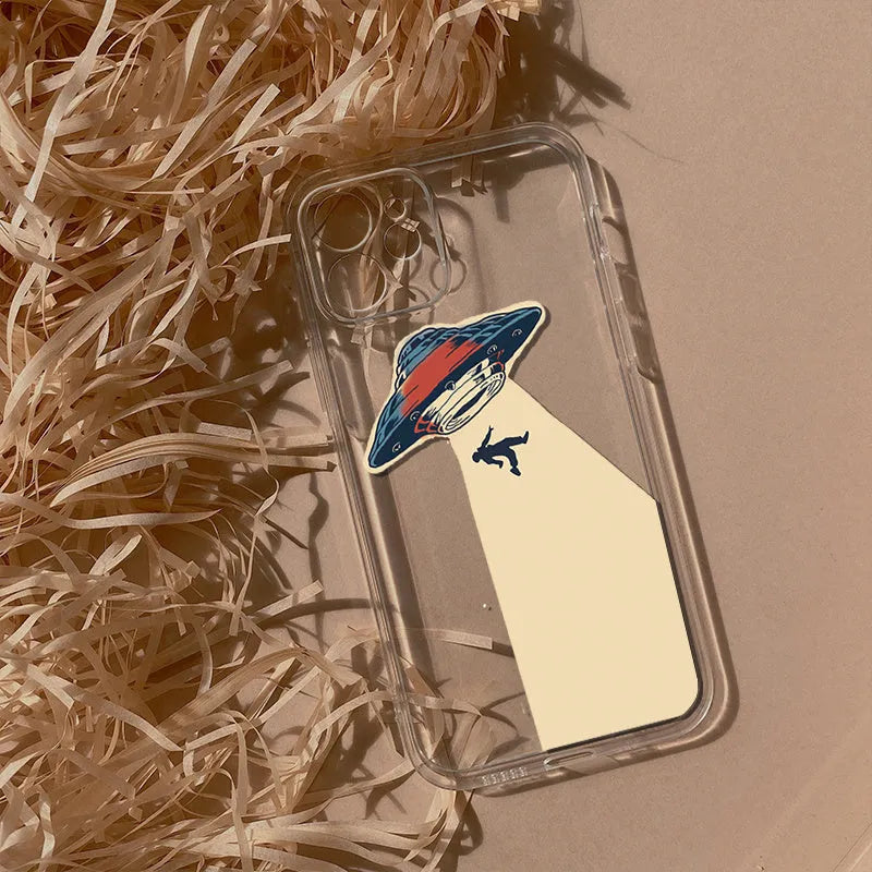 Transparent TPU phone case with UFO astronaut graphic for Apple iPhone