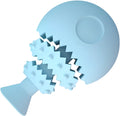 Blue fish bone shaped soft chew toy for dogs on a white background.