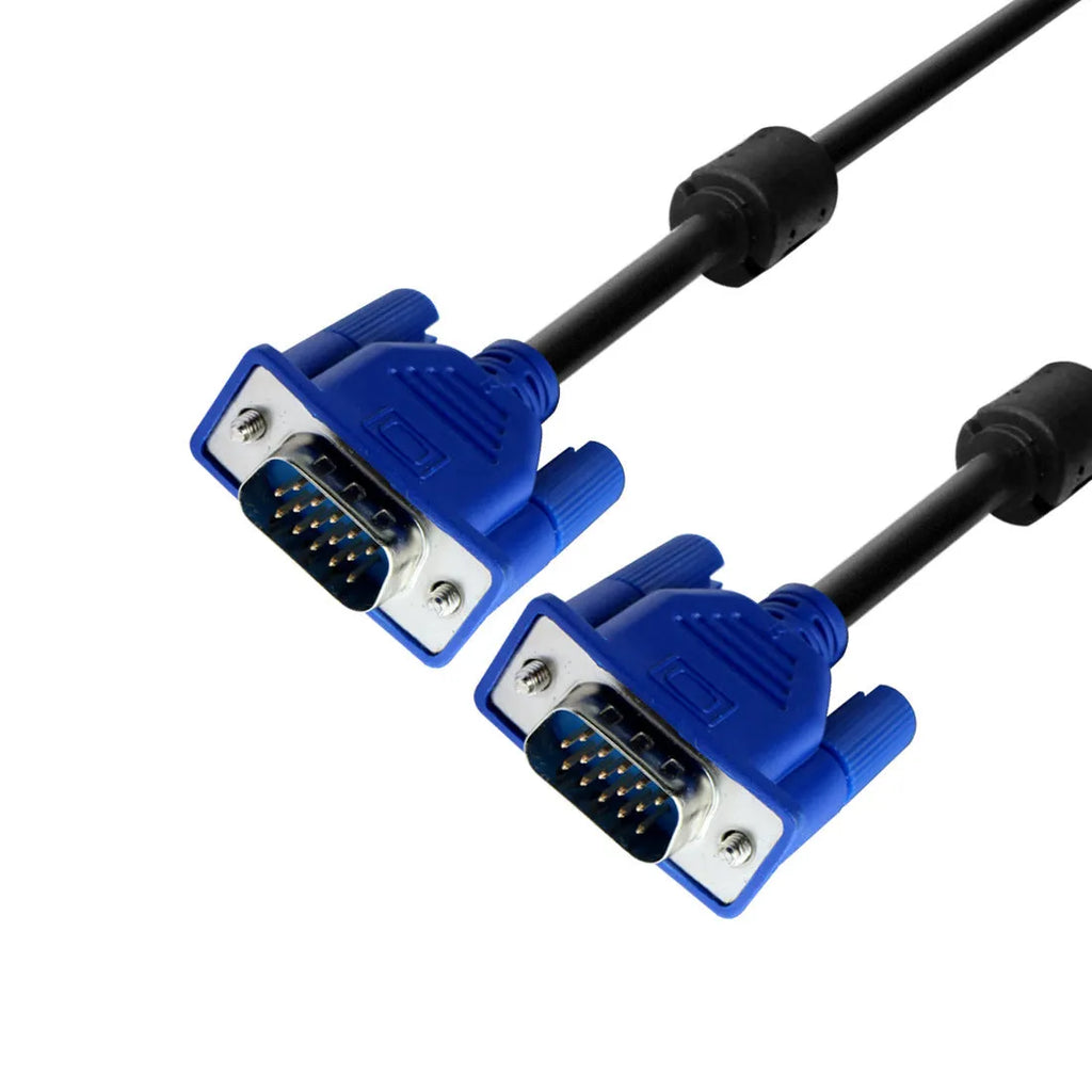 Black VGA cable with blue moulded head and nickel-plated terminals for computer to monitor connections