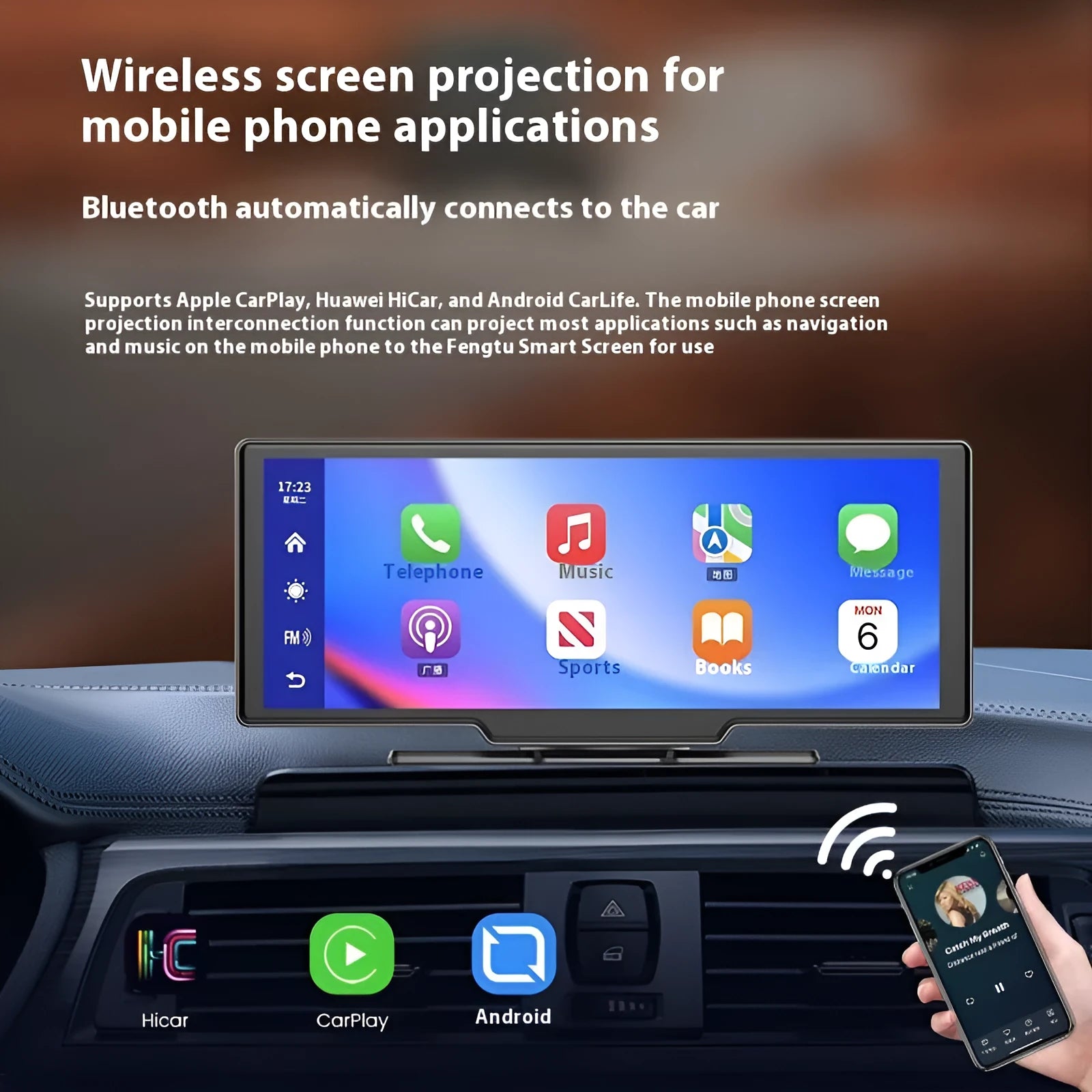10-inch car touchscreen display showing Apple CarPlay maps interface and dashboard mounting