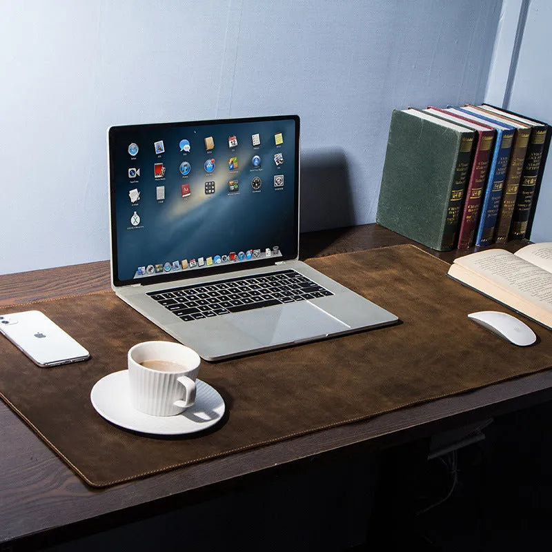 Extra large non-slip desktop computer desk leather pad in coffee colour, 90cm wide, mad horse skin material