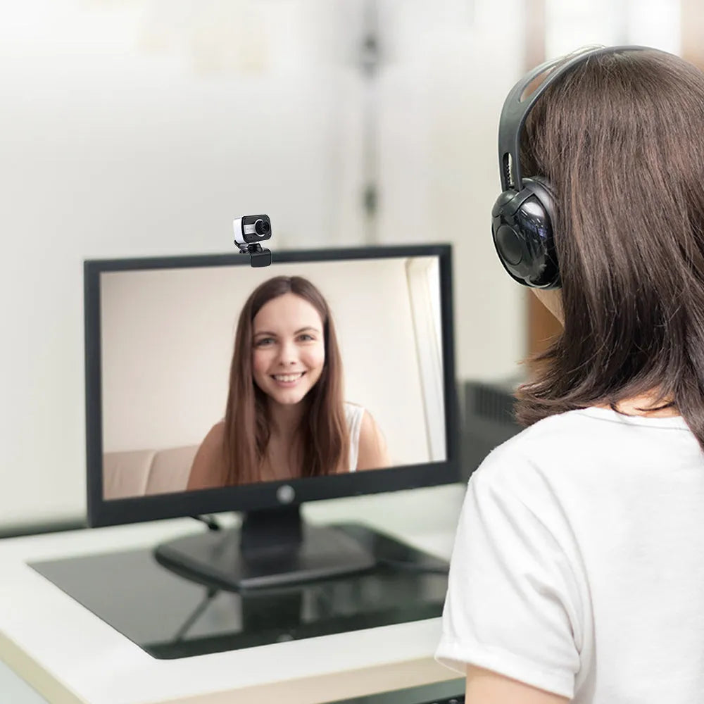 Blue mini driverless USB webcam on a stand with a 1.45m cable and 360-degree rotating head.