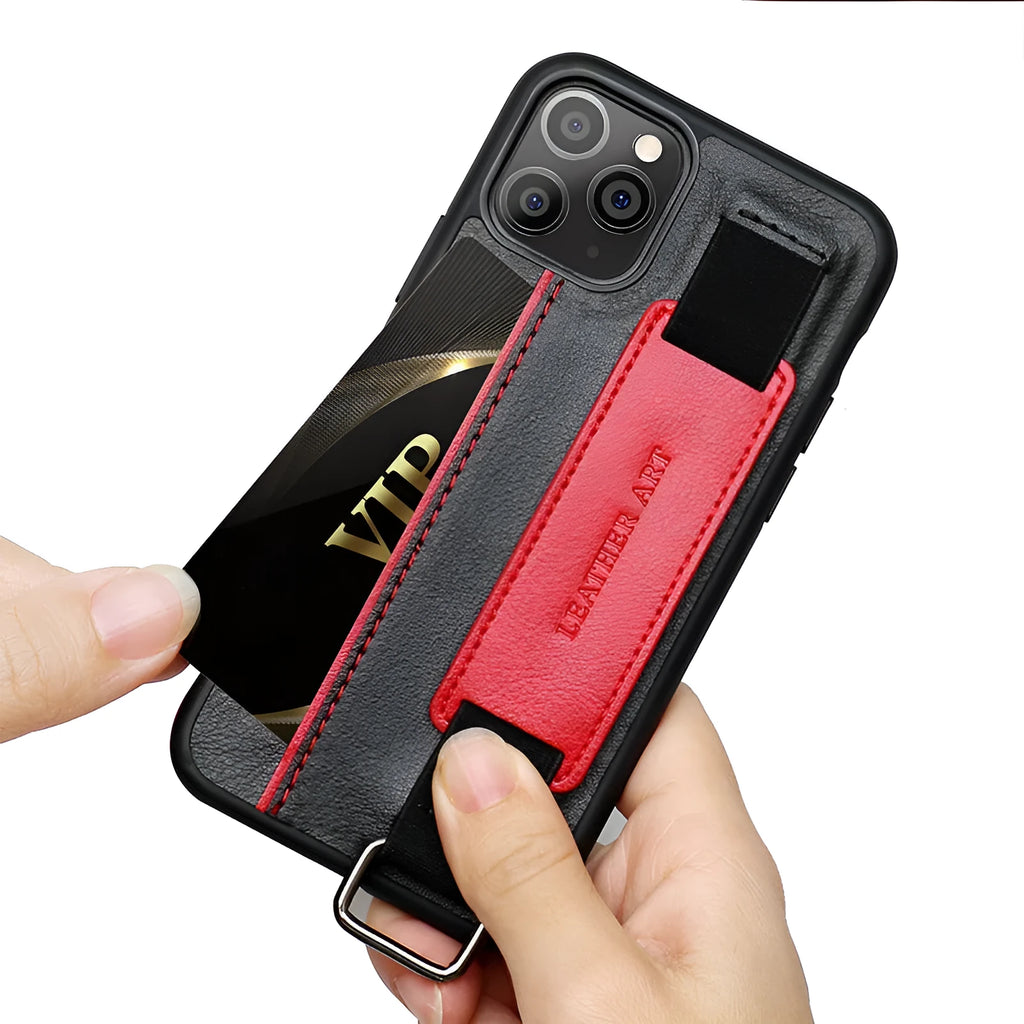 Brown imitation leather wallet-style iPhone case with a white stitched trim and an attached adjustable wrist strap.