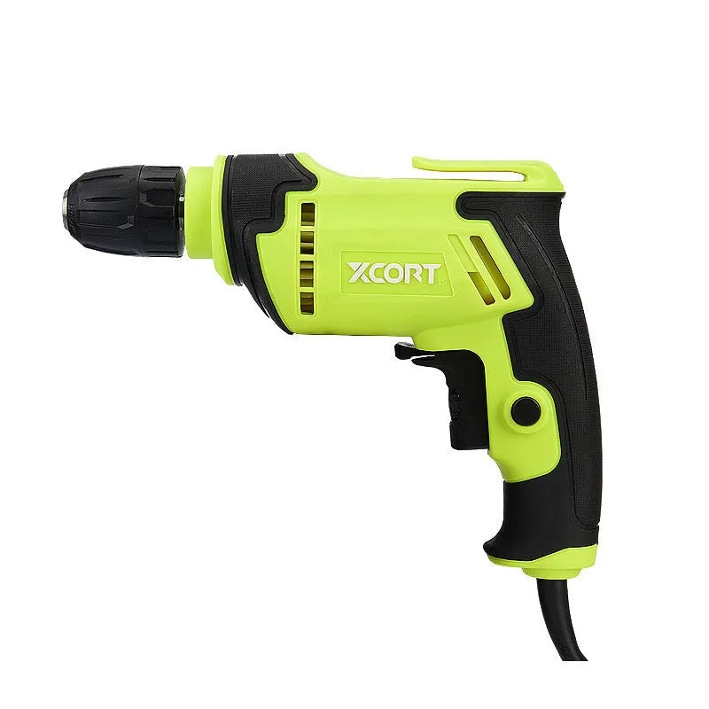 A black pistol-grip electric drill with a 10mm chuck, shown on a workbench.