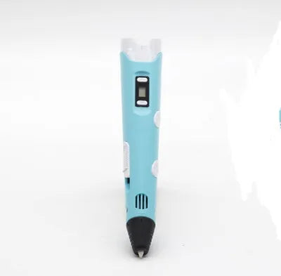 Yellow 3D printing pen with 12 colour PLA filament spools and UK power adapter on a white background