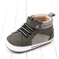 Blue high-top cotton toddler shoes for boys with Velcro fastening on a non-slip sole