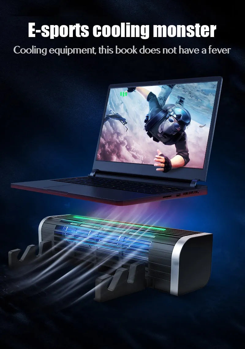 Black notebook cooling pad with five fans, USB cable, and optional fold-out support stand for laptops.