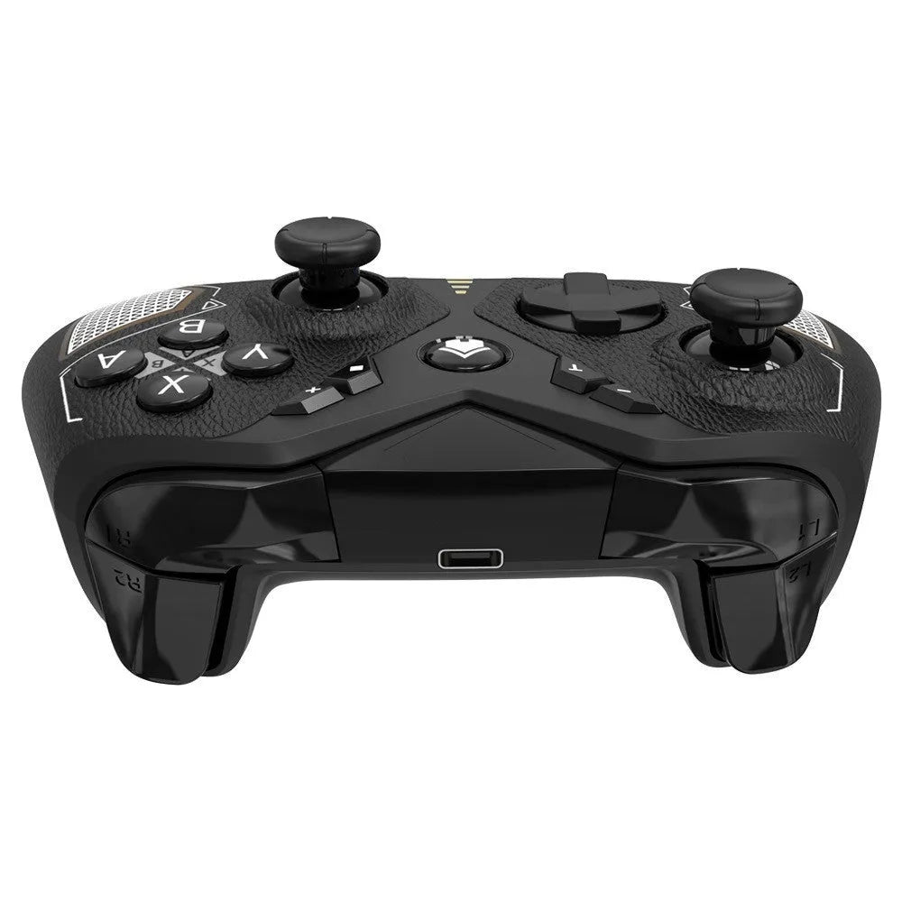 Black wireless game controller with leather-pattern grip for Nintendo Switch, PC, and mobile phones.