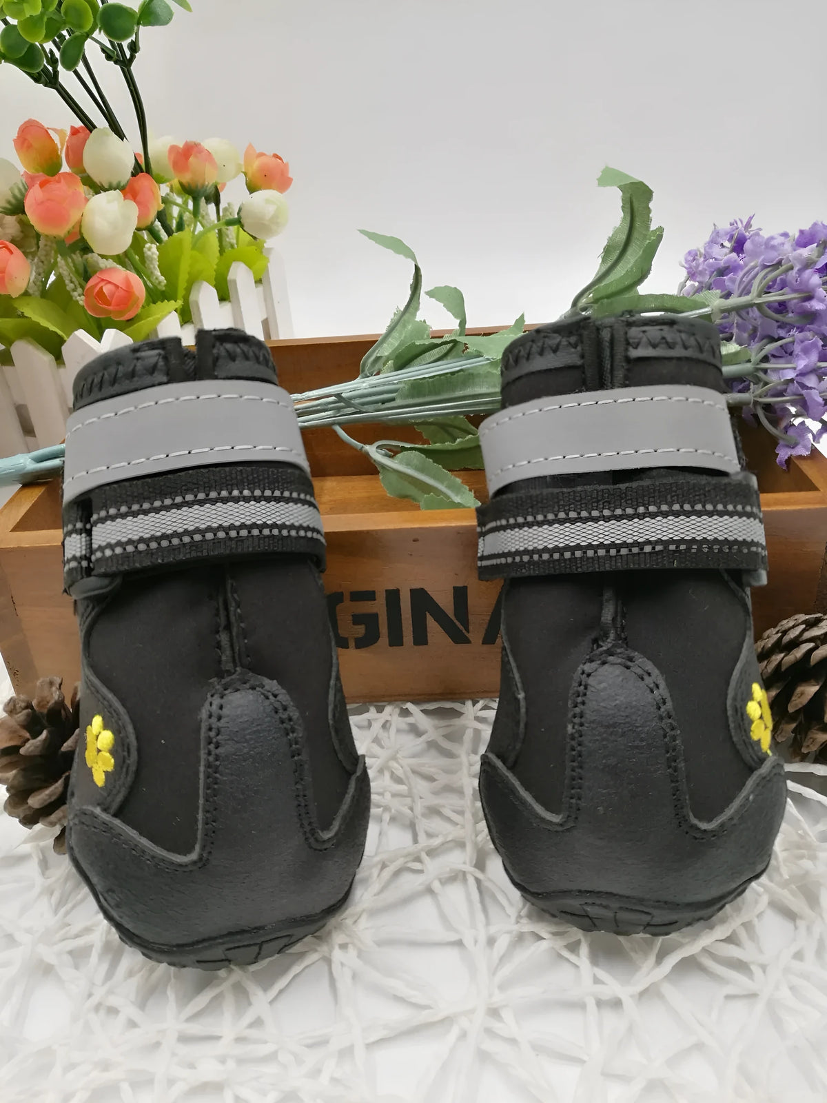 Black dog shoes with waterproof PVC sole and adjustable fuzzy strap, sizes 2-6, No1, No7, No8
