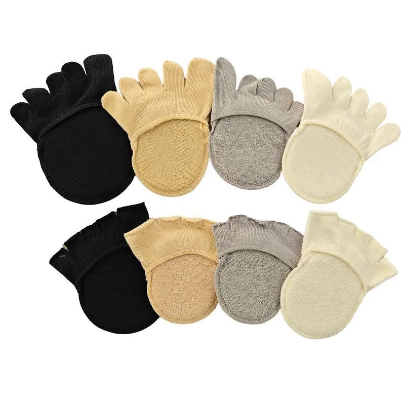 Women's five-toe half-shoe invisible cotton socks with sponge pad, solid colour, black full toe option