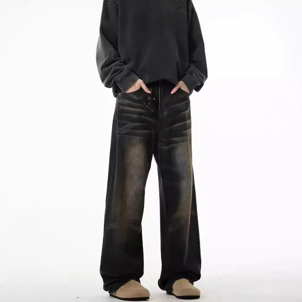 Men's retro straight-leg low-waist jeans in black and gray with high elasticity polyester denim