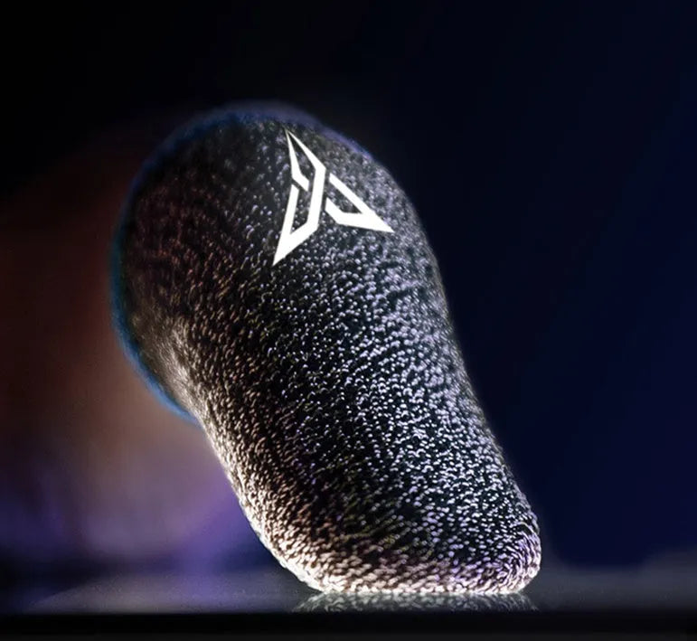 A pair of green gaming thumb sleeves made from silver fibre material with a reflective logo.