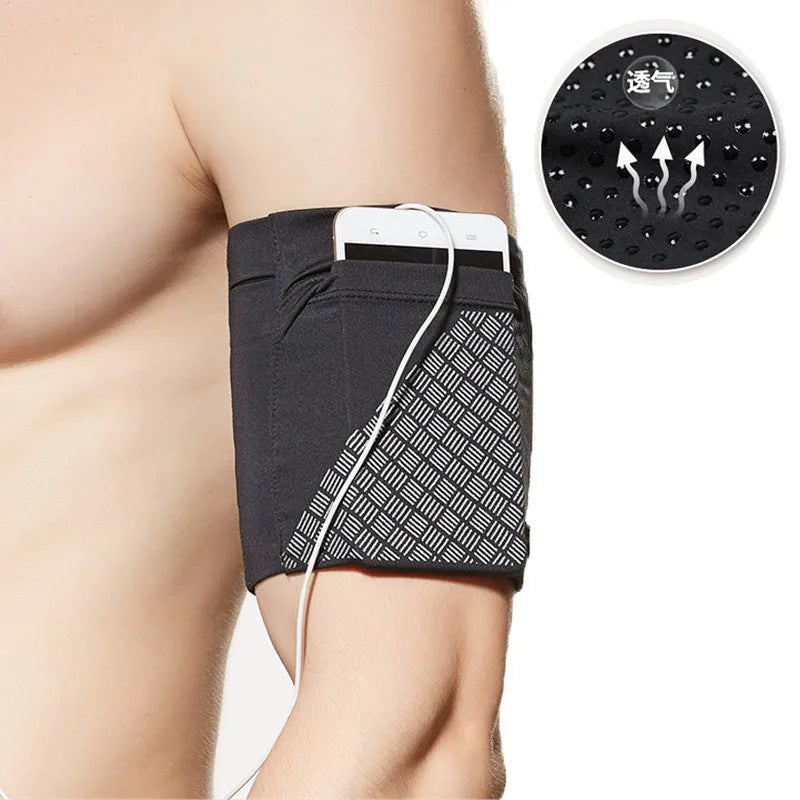 Mobile phone arm pocket in black with plain pattern on a white background, showing armband and pocket for phones under 6.5 inches