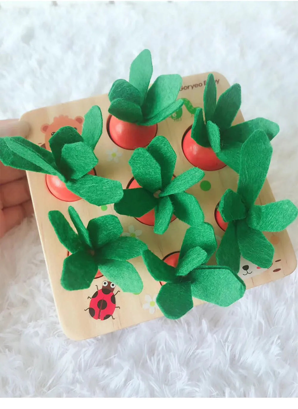 Wooden educational toy shaped like harvest carrots for toddler cognitive development.