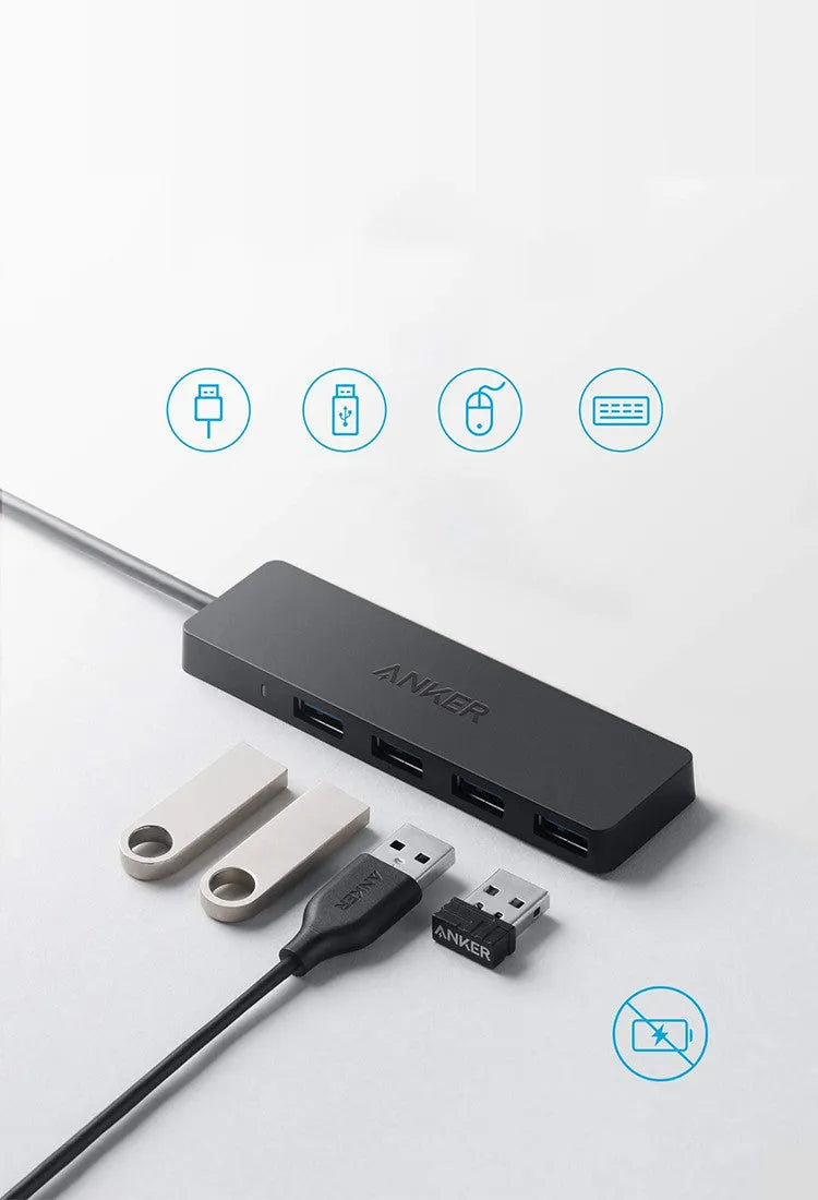 Black Anker 4-port USB 3.0 hub measuring 30x107mm with 20cm connecting cable