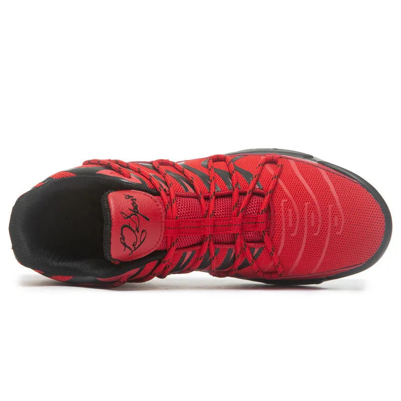 Men's black mesh lace-up sports shoes with white rubber sole and stripe detailing, low-top design