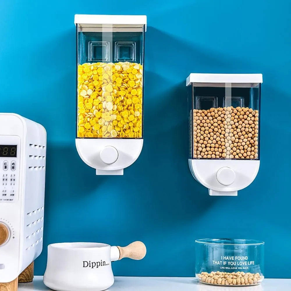 White wall-mounted transparent food storage container with cereal dispenser lid
