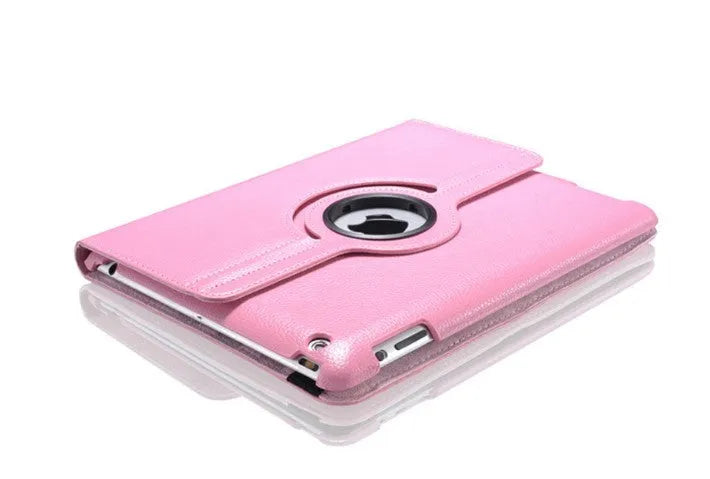 iPad rotating leather-look case in multiple colours showing 360-degree swivel function and clam shell design