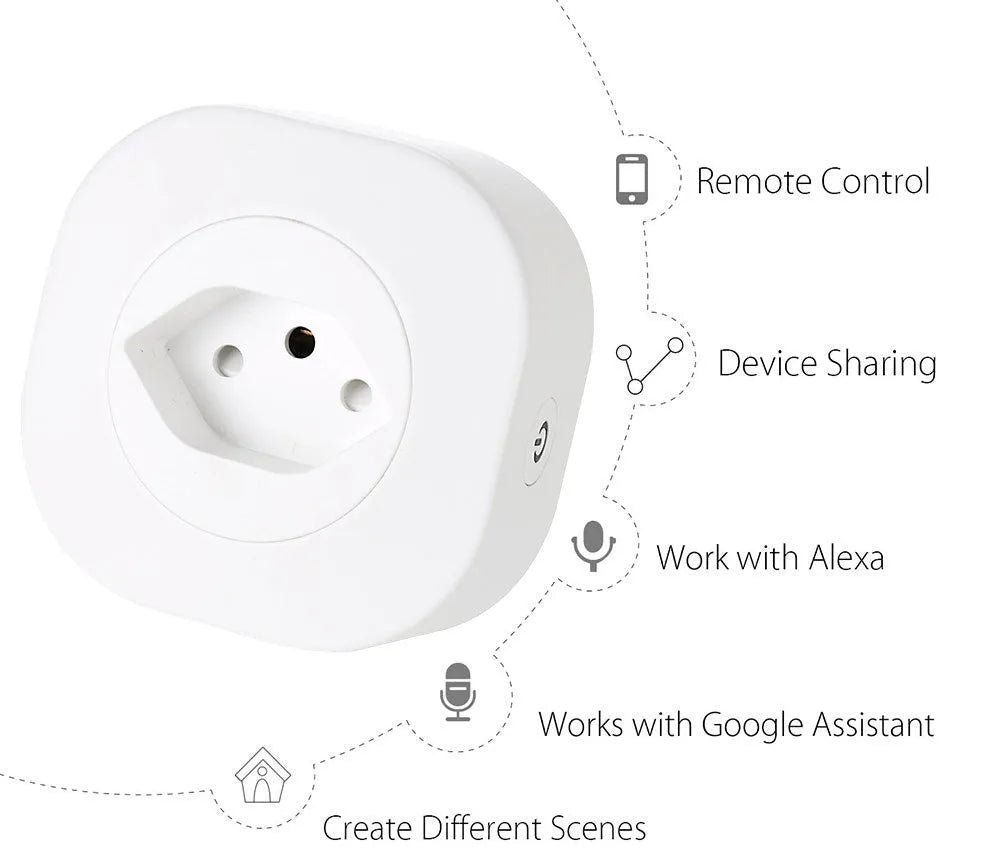 White smart socket plug with WiFi and voice control logo, showing EU/US plug pins.