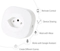White smart socket plug with WiFi and voice control logo, showing EU/US plug pins.