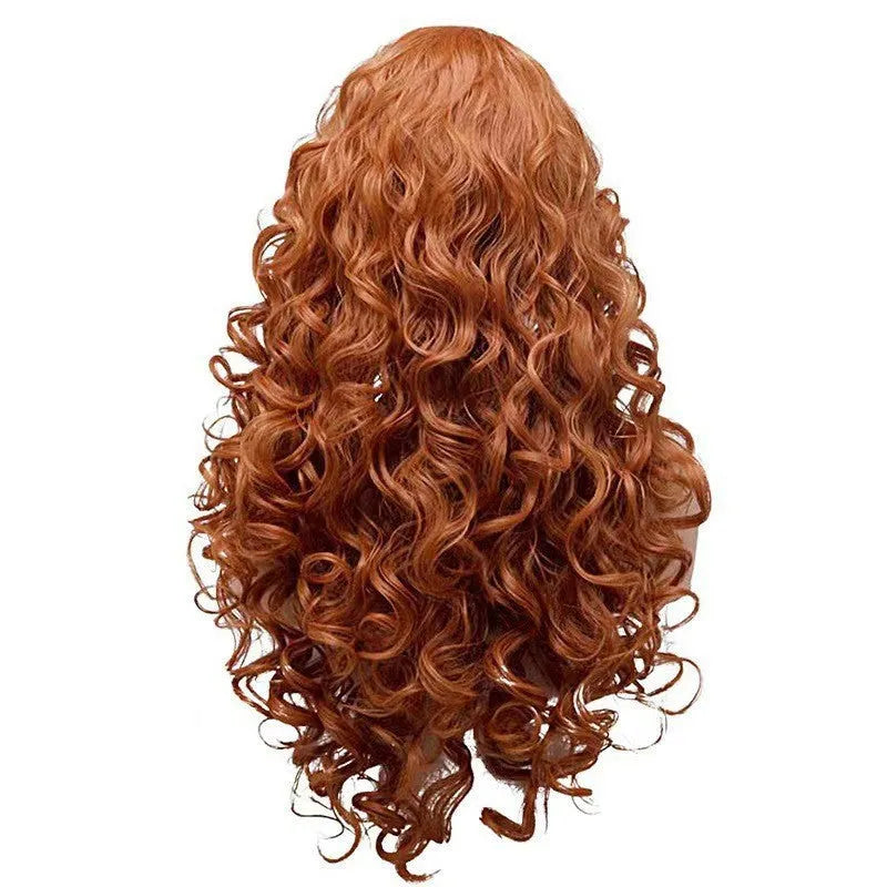 Long wavy brown synthetic curly wig on a mannequin head, with wig cap included.
