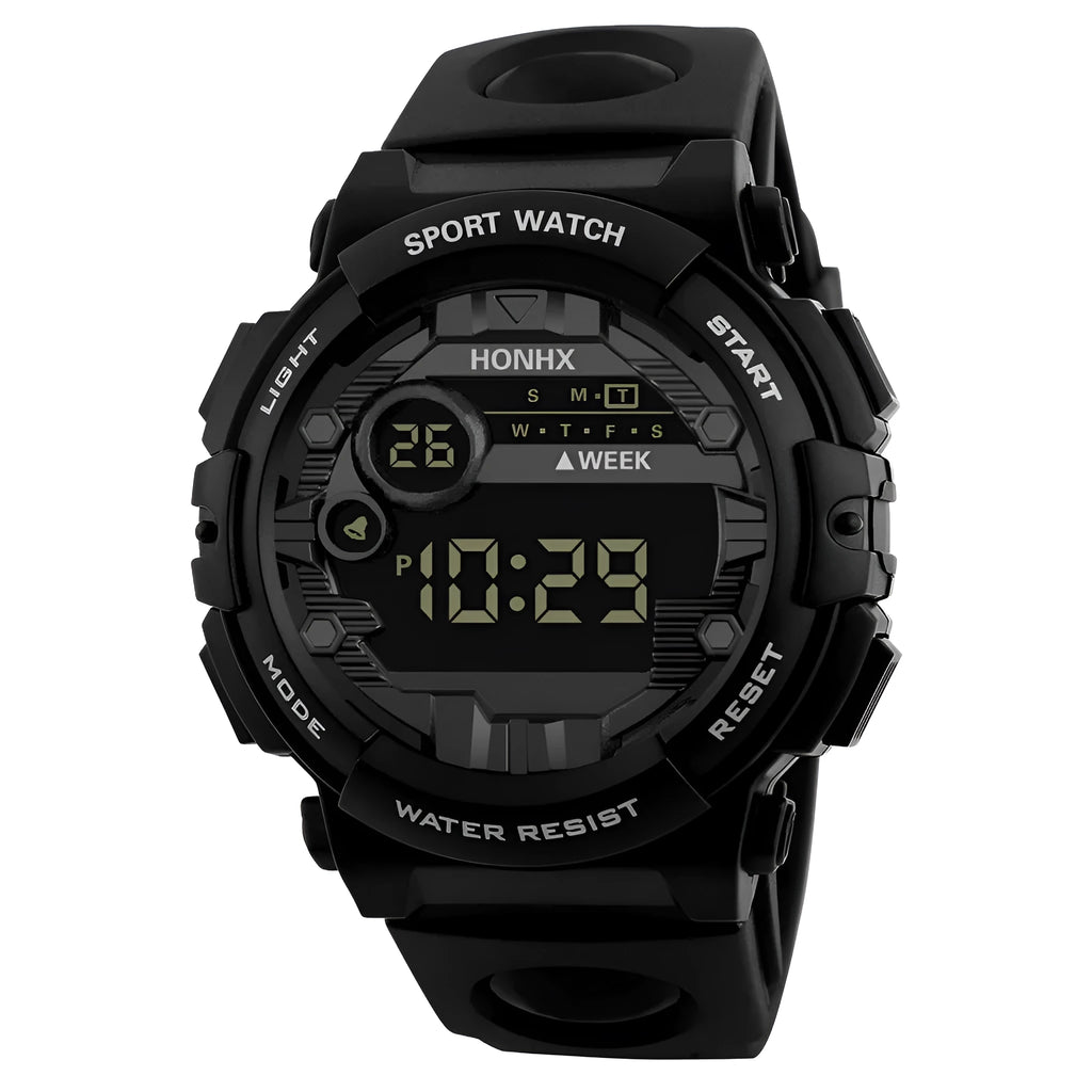Digital watch with calendar alarm stopwatch LED display round resin case 43mm PU strap black blue red
