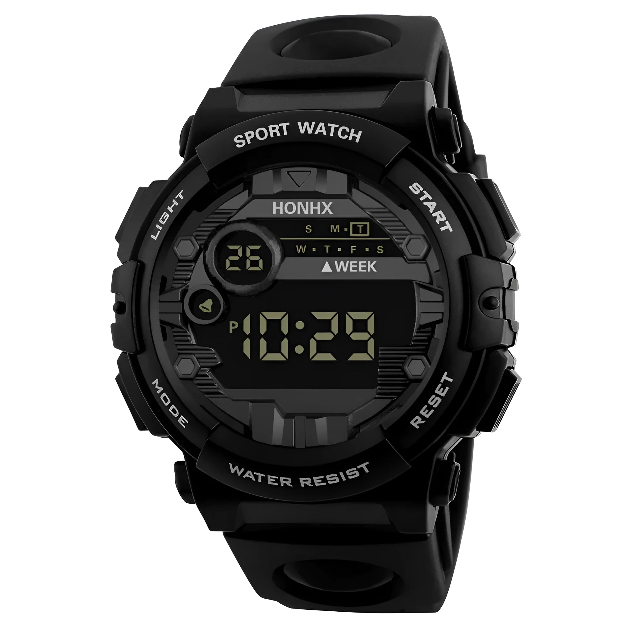 Digital watch with calendar alarm stopwatch LED display round resin case 43mm PU strap black blue red