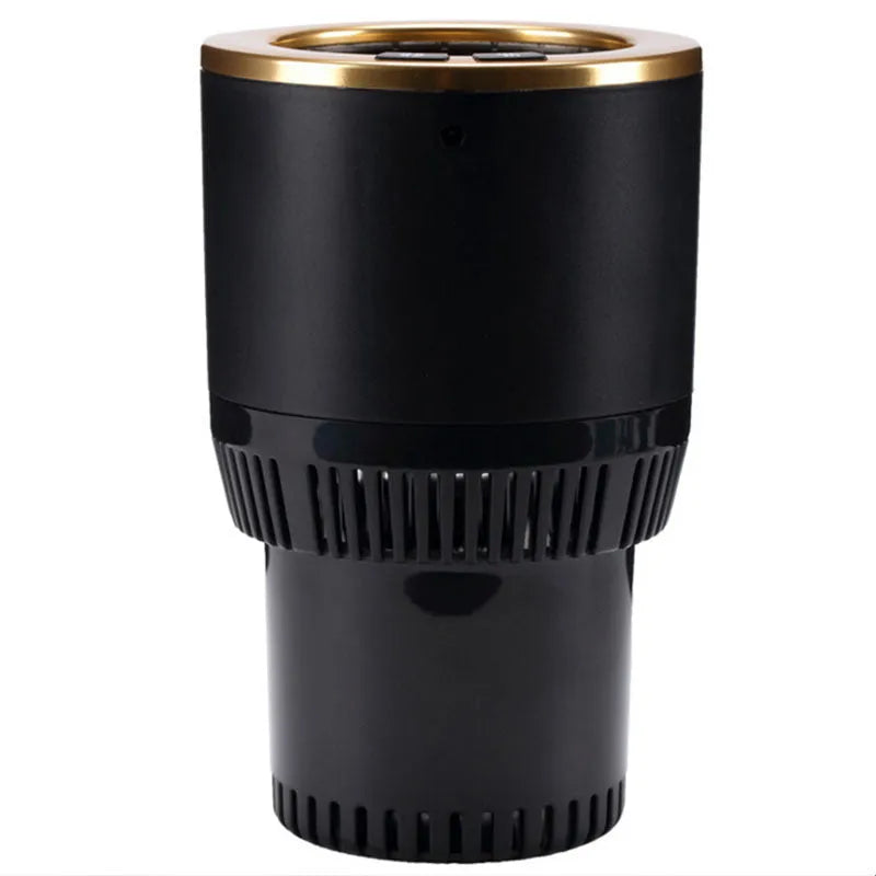 White aluminium car cup holder heater cooler with top ring buttons, resting in vehicle cup holder slot