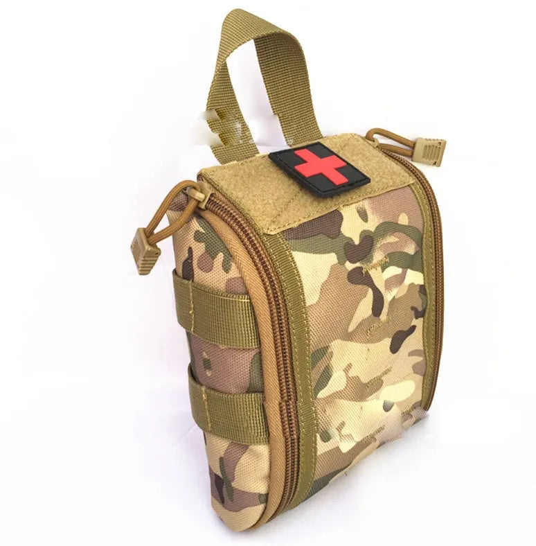 Tactical outdoor medical kit with first aid supplies and medications for camping and climbing