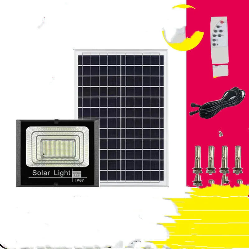 Black Cornucopia solar-powered LED flood light mounted on an outdoor wall with remote control.