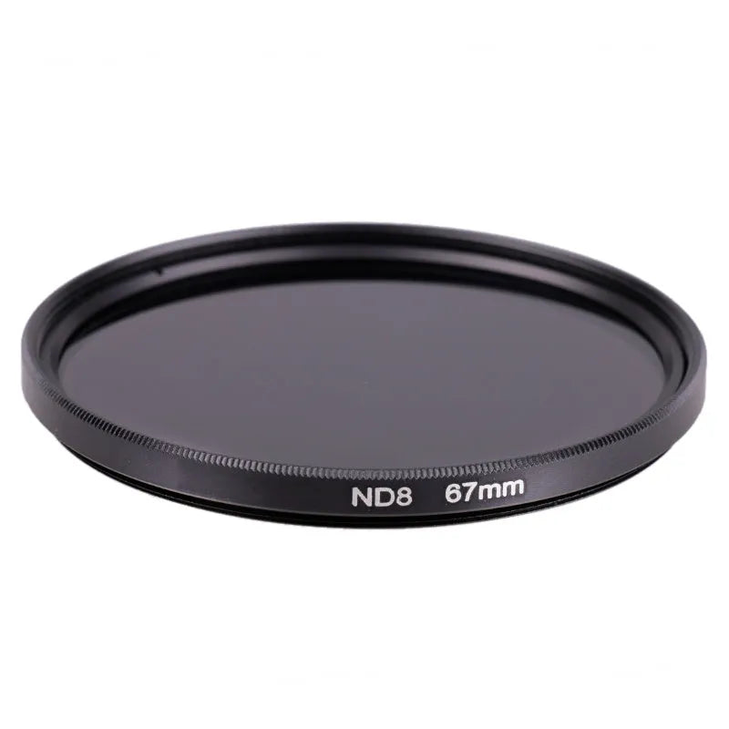 Slim aluminium ND8 camera filter showing front glass and threaded mount, with size markings visible.