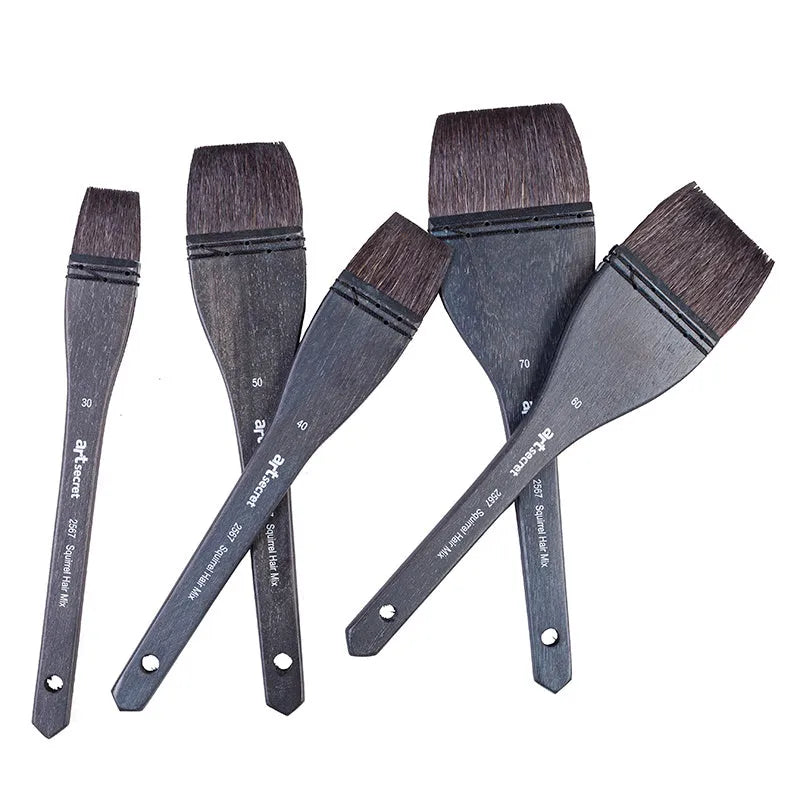 Professional grey squirrel hair makeup brush with a wooden handle, shown in multiple sizes.