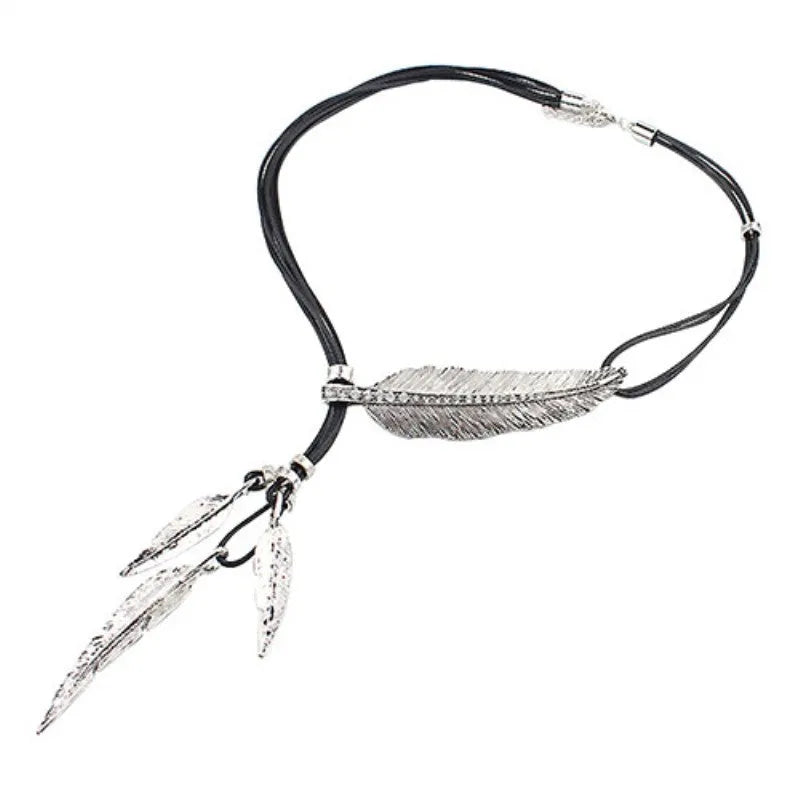 Black leather rope multilayer feather leaf tassel pendant necklace in ancient silver and black on horse whip chain