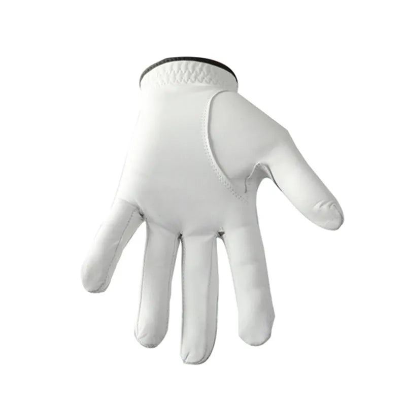 Men's white half sheepskin leather golf glove showing non-slip palm detail.