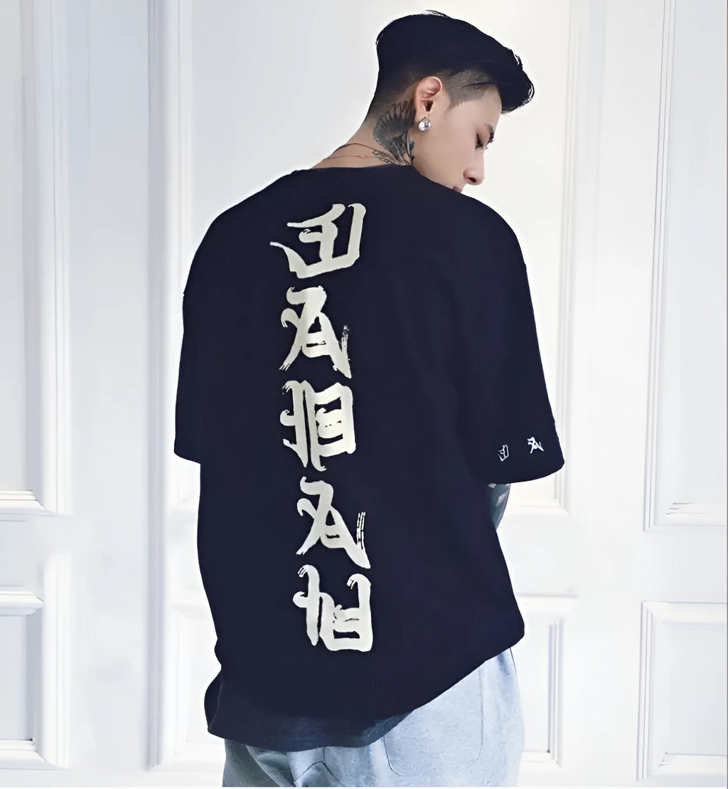 Hip hop cotton T shirt loose fit streetwear top black or white side view