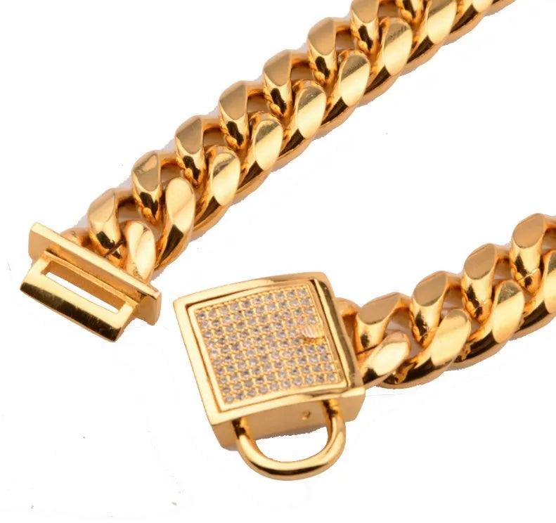 Gold stainless steel titanium steel encryption chain necklace 30mm wide on display