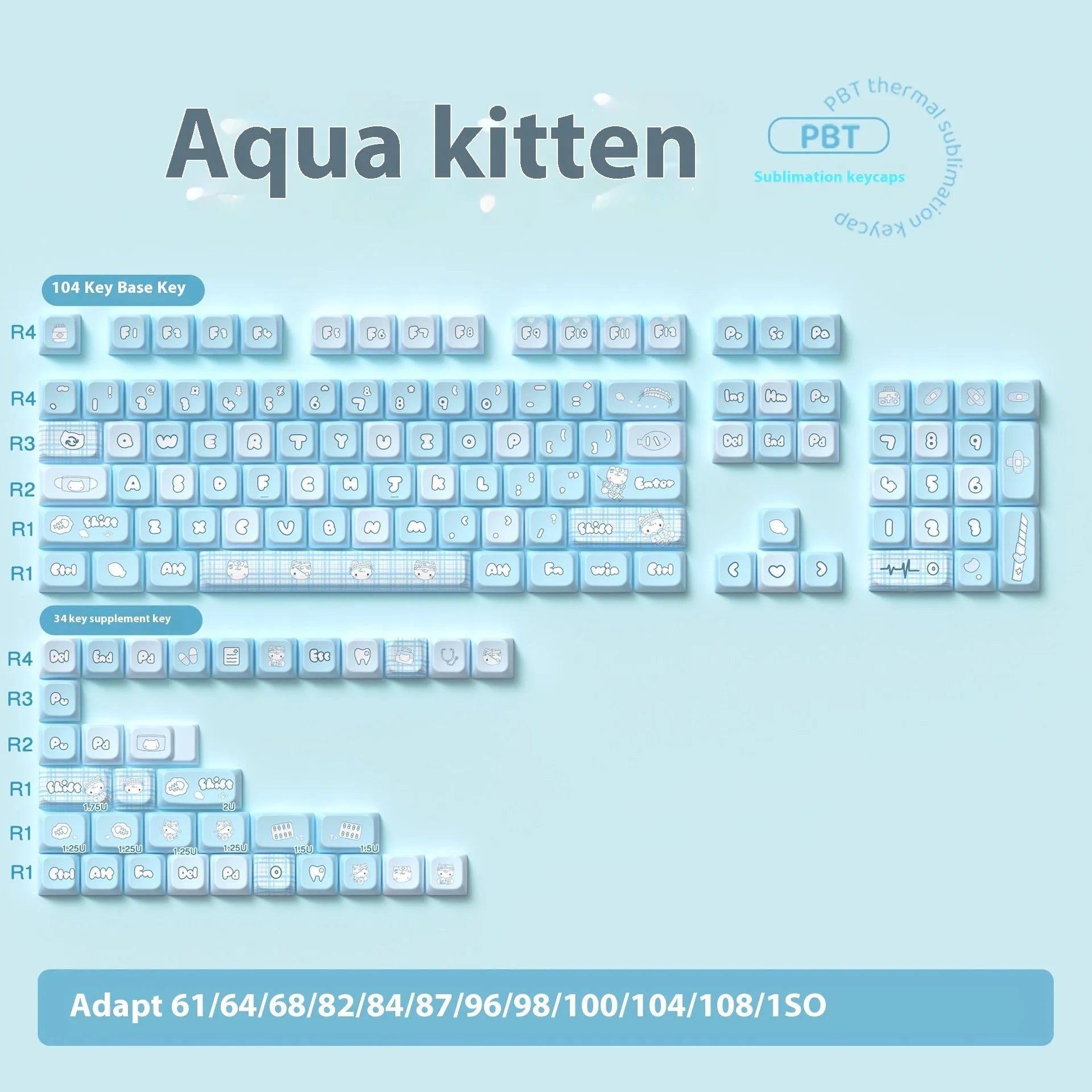 Water colour kitten custom key cap set for mechanical keyboards with sublimation printed artwork on PTB material