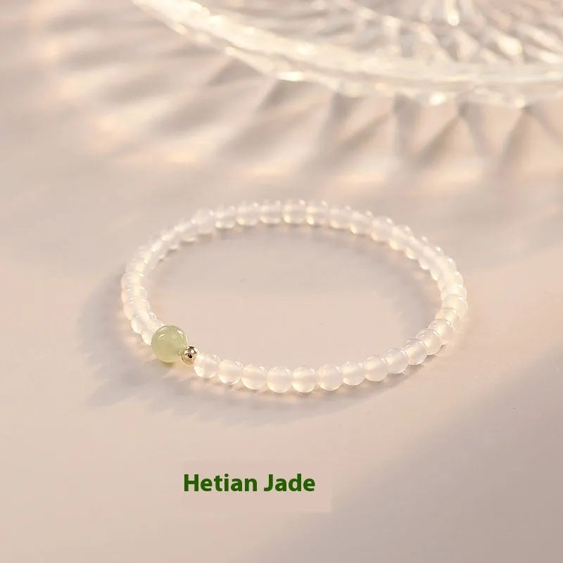 Handmade New Chinese style white agate beaded bracelet for women, 15 cm long.