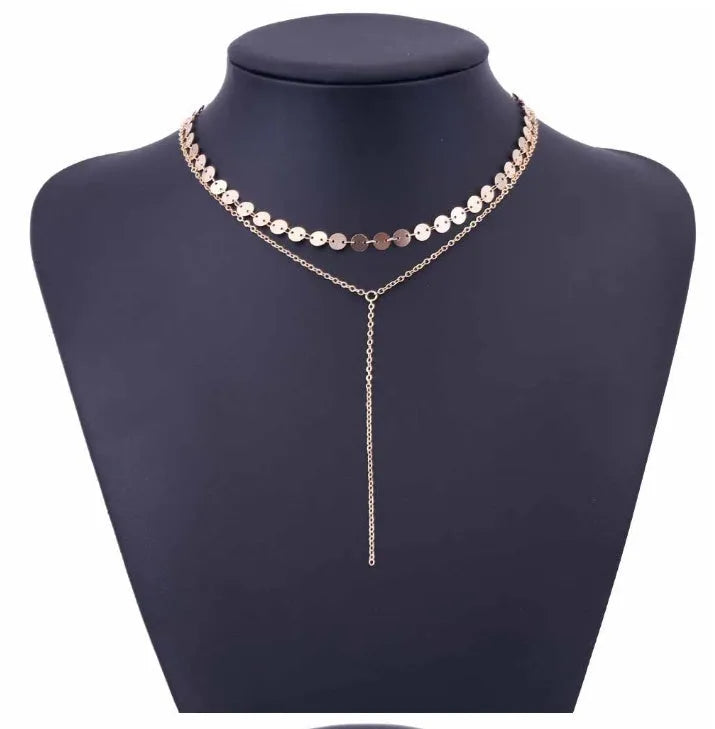 Coin choker necklace with rhinestone and crystal accents, 40cm chain, gold and silver plating options