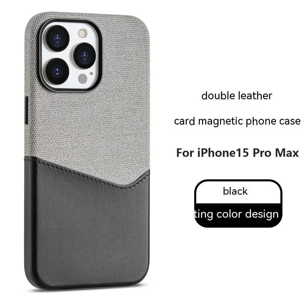 Black imitation leather magnetic card phone case with fabric finish for iPhone 12-15 Pro Max