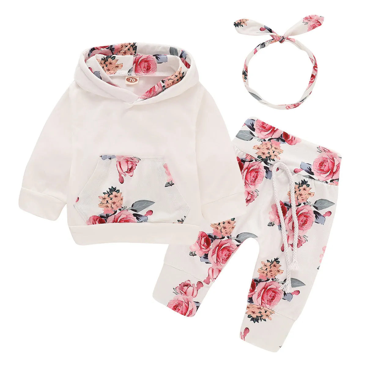 White cotton hooded tracksuit set for a baby girl, showing long sleeves and full-length trousers.