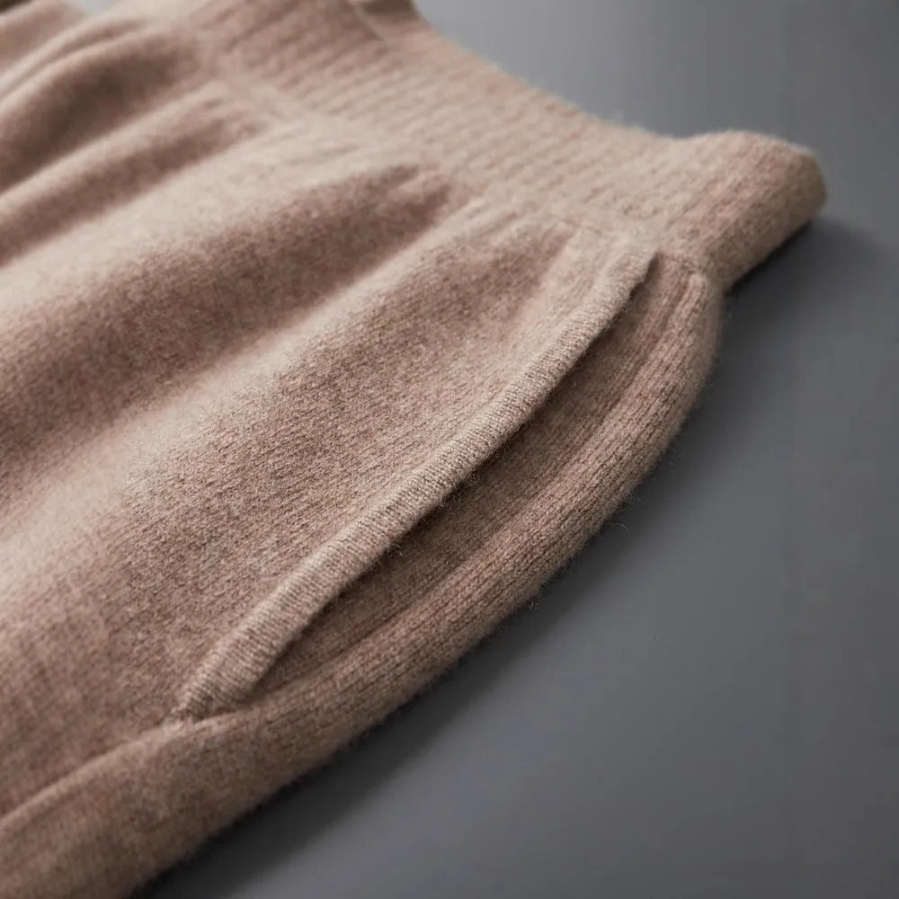 Men's thick cashmere high waist tapered trousers in Black, Elephant Grey, and Raw Velvet, full length, sizes M to XXL.
