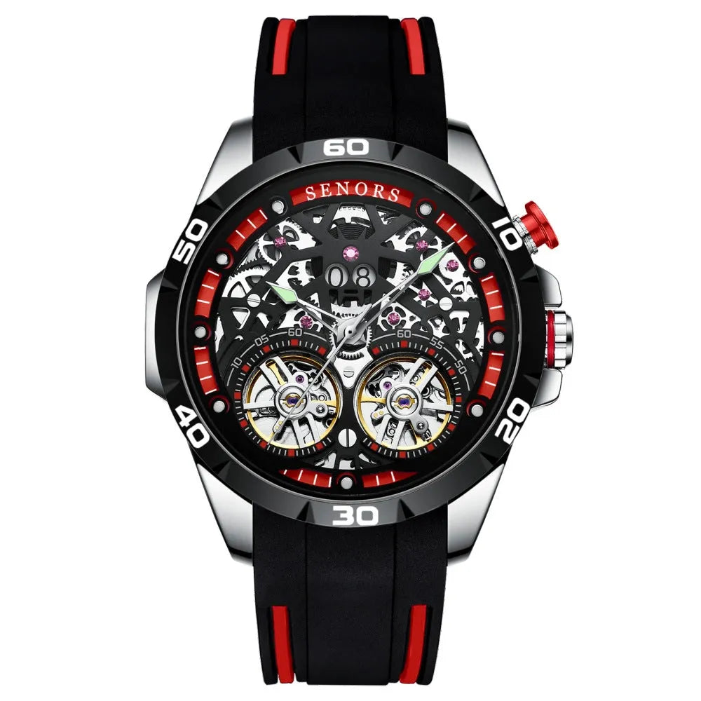 Men's red and blue automatic mechanical watch with luminous hands and hollow skeleton dial on display.