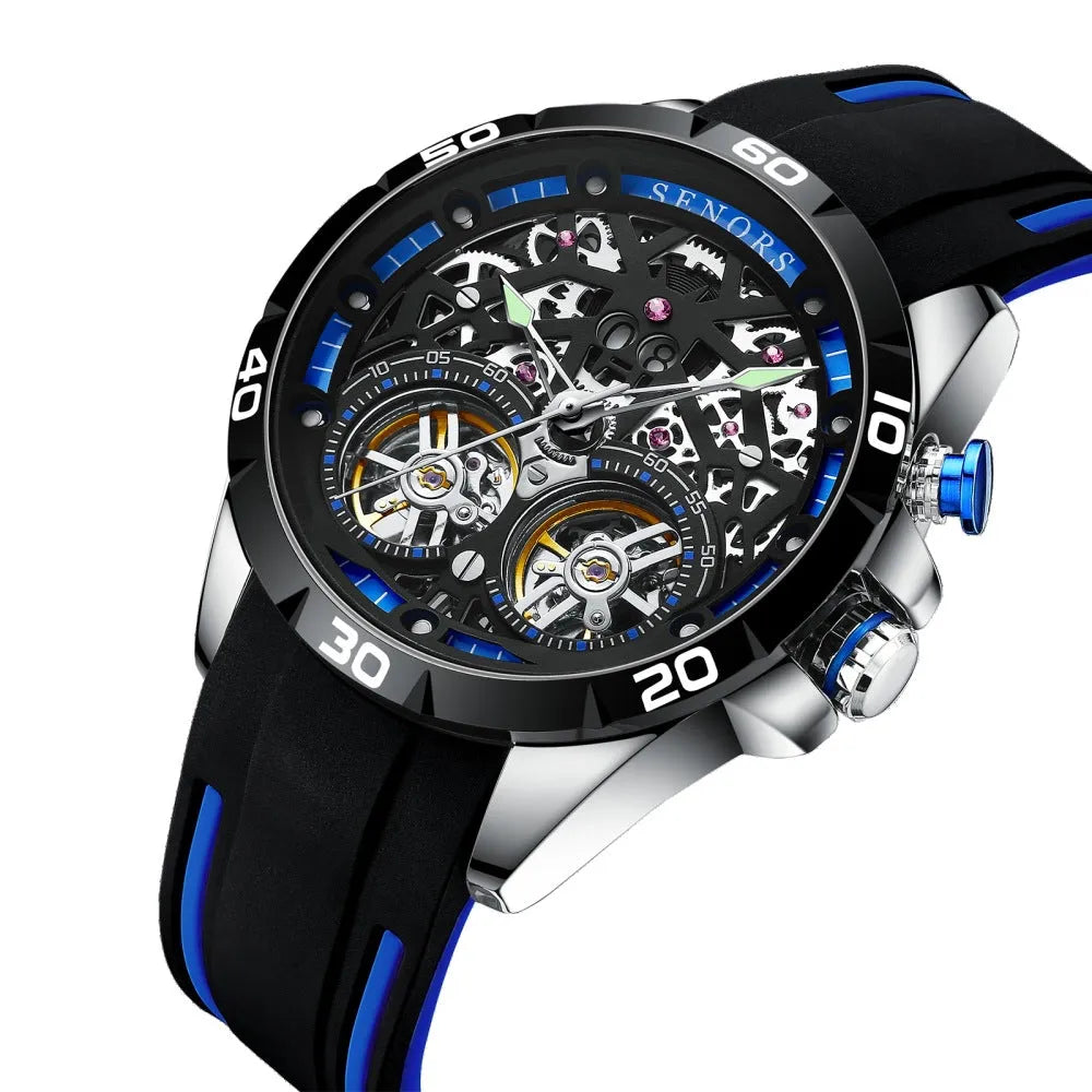 Men's red and blue automatic mechanical watch with luminous hands and hollow skeleton dial on display.