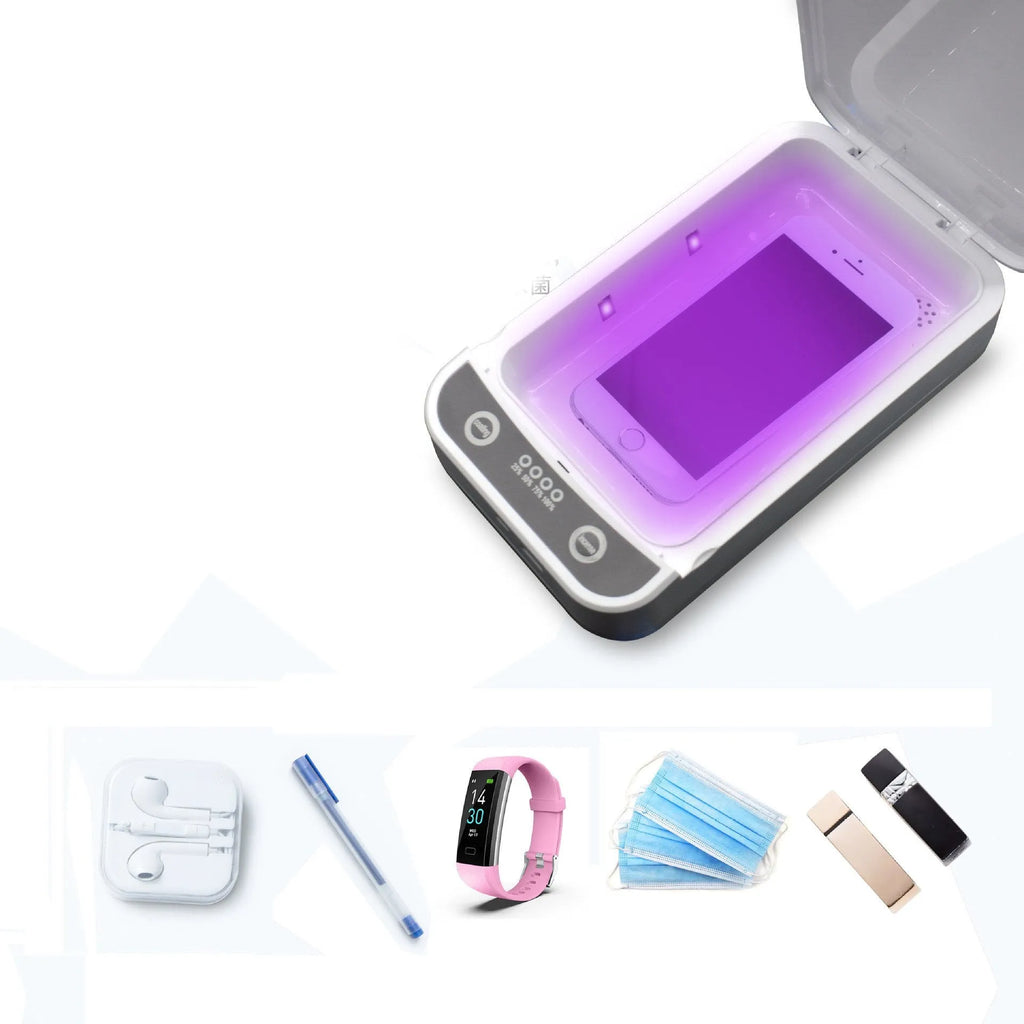 UV disinfection box for mobile phones with USB ports, showing internal compartment.