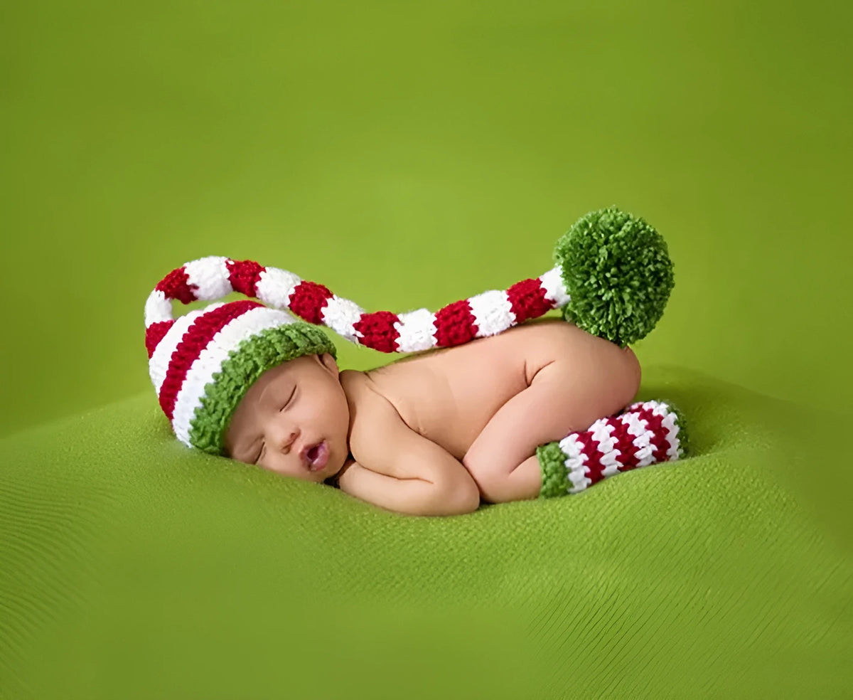 Green acrylic thread leg cover and hat set for 100-day baby photography outfit